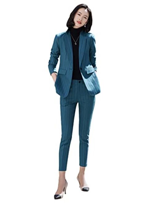 SUSIELADY Women's Two Piece Plaid Open Front Long Sleeve Blazer and Elastic Waist Pant Set Suit