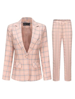 YUNCLOS Women's Vintage 2 Piece Plaid Suit Set One Button Stylish Blazer and Pants