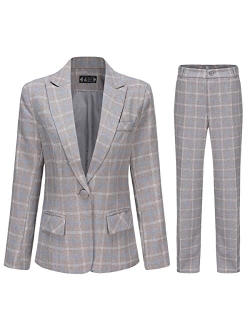 YUNCLOS Women's Vintage 2 Piece Plaid Suit Set One Button Stylish Blazer and Pants