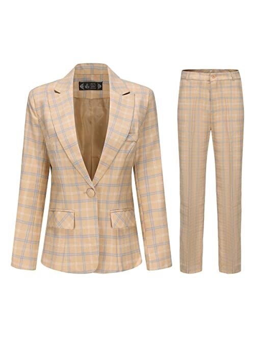 YUNCLOS Women's Vintage 2 Piece Plaid Suit Set One Button Stylish Blazer and Pants