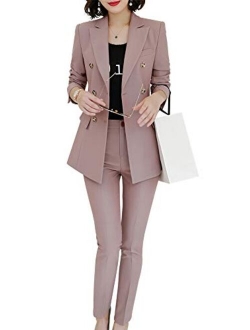 Womens Formal Two Piece Solid Blazer Sets Double Breasted Notched Office Lady Suit Set Work Blazer Jacket Pant