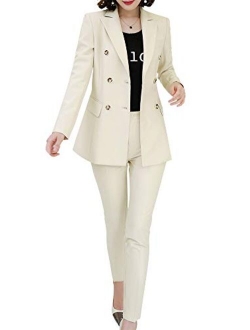 Womens Formal Two Piece Solid Blazer Sets Double Breasted Notched Office Lady Suit Set Work Blazer Jacket Pant