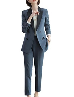 Womens Formal Two Piece Solid Blazer Sets Double Breasted Notched Office Lady Suit Set Work Blazer Jacket Pant