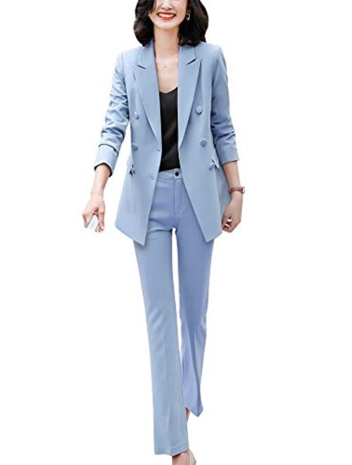 Lisueyne Women’s Formal Two Piece Solid Blazer Sets Double Breasted Notched Office Lady Suit Set Work Blazer Jacket Pant