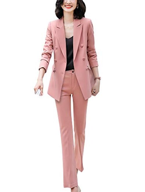 Lisueyne Women’s Formal Two Piece Solid Blazer Sets Double Breasted Notched Office Lady Suit Set Work Blazer Jacket Pant