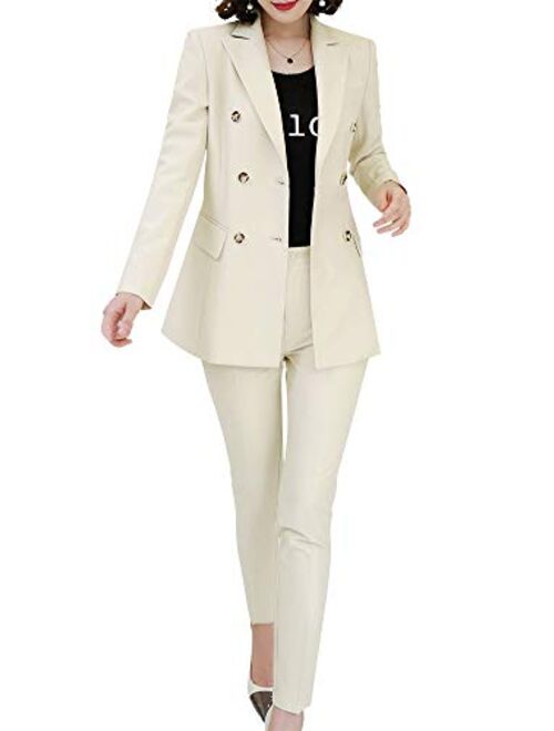 Lisueyne Women’s Formal Two Piece Solid Blazer Sets Double Breasted Notched Office Lady Suit Set Work Blazer Jacket Pant