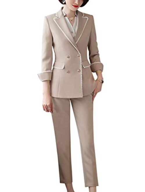 Lisueyne Women’s Formal Two Piece Solid Blazer Sets Double Breasted Notched Office Lady Suit Set Work Blazer Jacket Pant