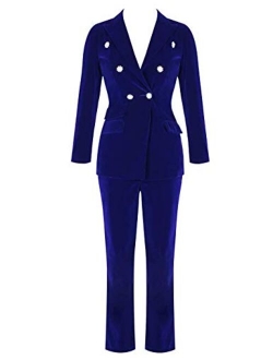 Women's High-Waisted Crystal Button 2 Pieces Velvet Blazer Pant Suits Set