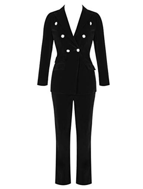 UONBOX Women's High-Waisted Crystal Button 2 Pieces Velvet Blazer Pant Suits Set