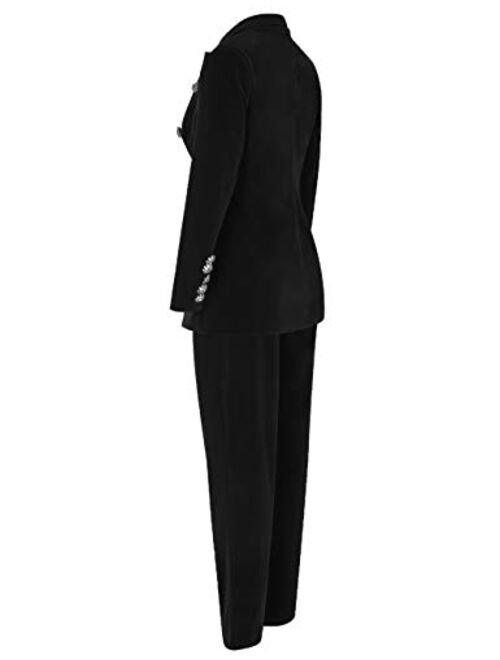 UONBOX Women's High-Waisted Crystal Button 2 Pieces Velvet Blazer Pant Suits Set