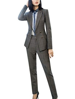 Women’s Business Two Piece Plaid Blazer Sets Double Breasted Office Work Blazer Jacket Pantsuits