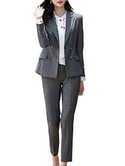 Women’s Business Two Piece Plaid Blazer Sets Double Breasted Office Work Blazer Jacket Pantsuits