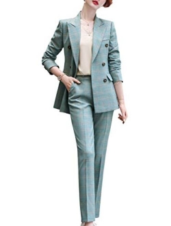 Women’s Business Two Piece Plaid Blazer Sets Double Breasted Office Work Blazer Jacket Pantsuits