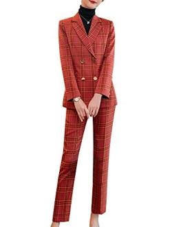 Women’s Business Two Piece Plaid Blazer Sets Double Breasted Office Work Blazer Jacket Pantsuits