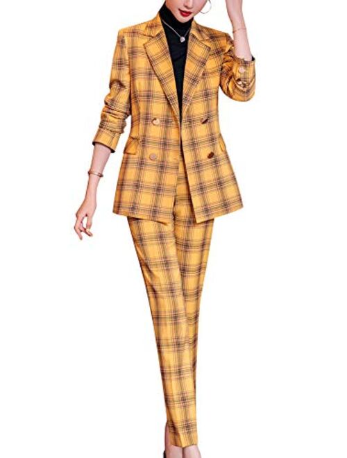 Women’s Business Two Piece Plaid Blazer Sets Double Breasted Office Work Blazer Jacket Pantsuits