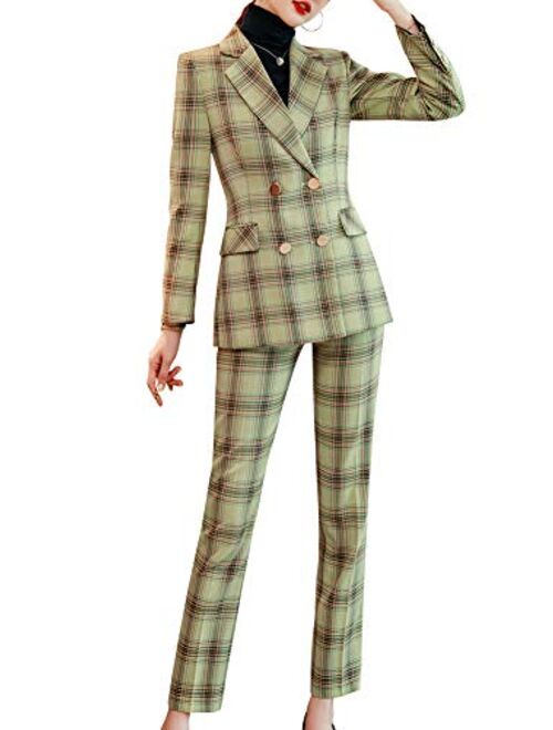 Women’s Business Two Piece Plaid Blazer Sets Double Breasted Office Work Blazer Jacket Pantsuits