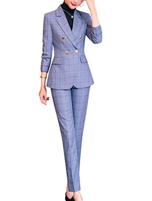 Women’s Business Two Piece Plaid Blazer Sets Double Breasted Office Work Blazer Jacket Pantsuits