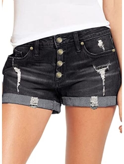 luvamia Women's Ripped Denim Jean Shorts Mid Rise Stretchy Folded Hem Short Jeans