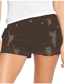 luvamia Women's Ripped Denim Jean Shorts Mid Rise Stretchy Folded Hem Short Jeans