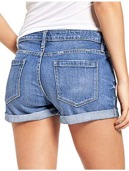 luvamia Women's Ripped Denim Jean Shorts Mid Rise Stretchy Folded Hem Short Jeans