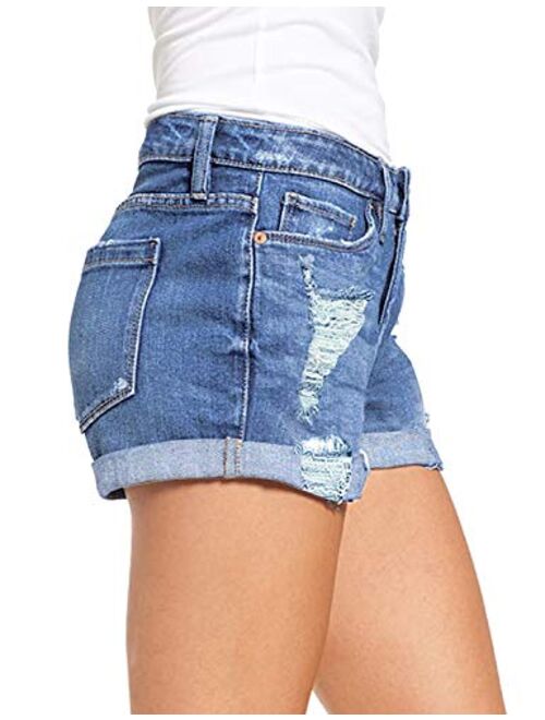 luvamia Women's Ripped Denim Jean Shorts Mid Rise Stretchy Folded Hem Short Jeans