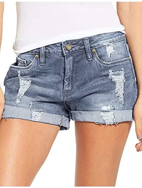 luvamia Women's Ripped Denim Jean Shorts Mid Rise Stretchy Folded Hem Short Jeans