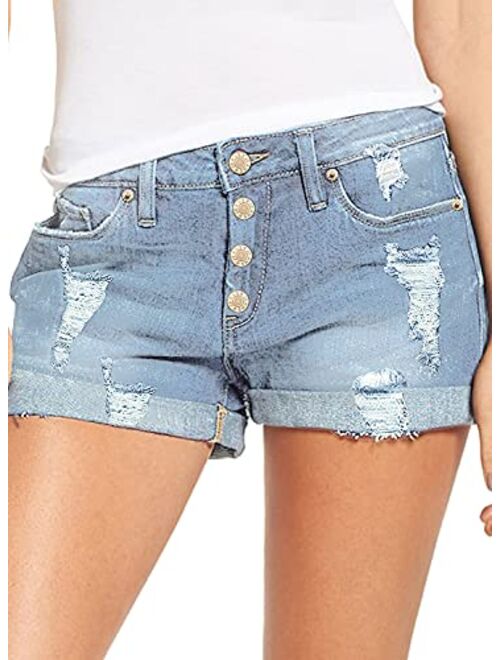 luvamia Women's Ripped Denim Jean Shorts Mid Rise Stretchy Folded Hem Short Jeans