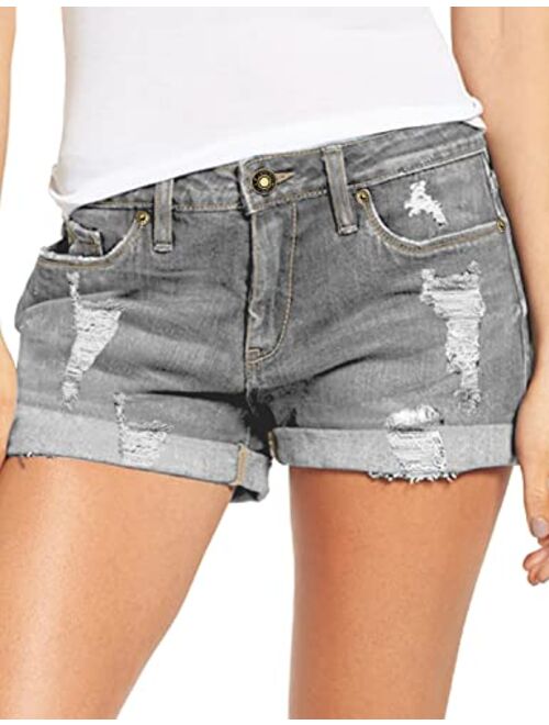 luvamia Women's Ripped Denim Jean Shorts Mid Rise Stretchy Folded Hem Short Jeans