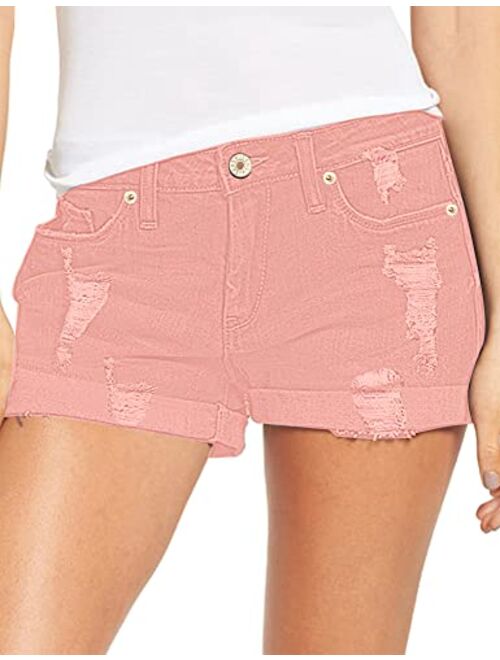 luvamia Women's Ripped Denim Jean Shorts Mid Rise Stretchy Folded Hem Short Jeans