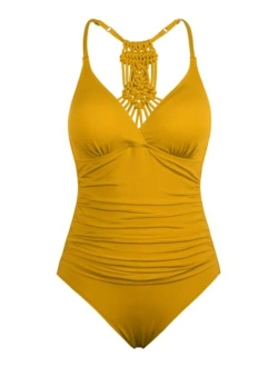 Women's One Piece Swimsuits V Neck Braid Macrame Ruched Tummy Control Swimwear