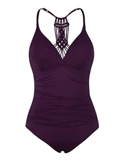 Women's One Piece Swimsuits V Neck Braid Macrame Ruched Tummy Control Swimwear