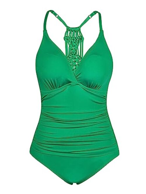 Firpearl Women's One Piece Swimsuits V Neck Braid Macrame Ruched Tummy Control Swimwear