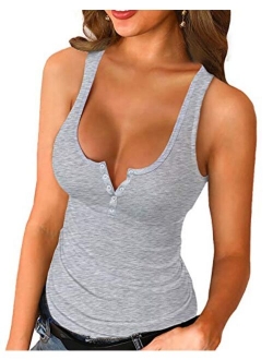 Womens Scoop Neck Henley Tank Tops Low Cut Solid Sexy Summer Sleeveless Button Down Shirts