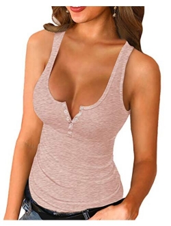 Womens Scoop Neck Henley Tank Tops Low Cut Solid Sexy Summer Sleeveless Button Down Shirts