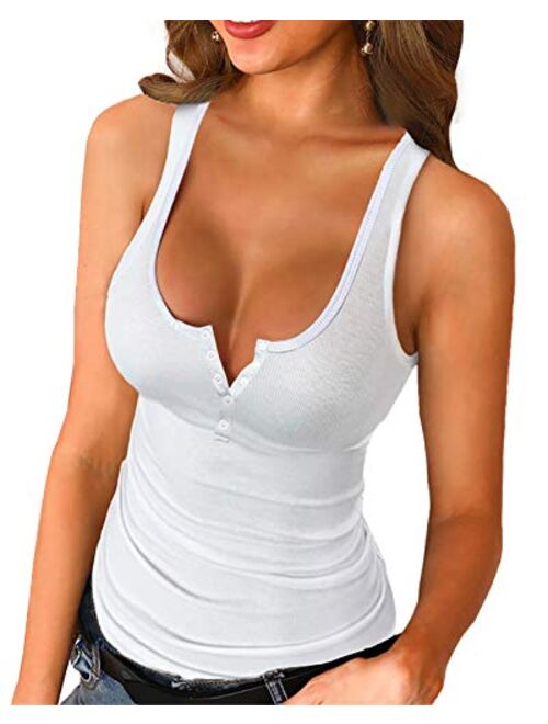 Womens Scoop Neck Henley Tank Tops Low Cut Solid Sexy Summer Sleeveless Button Down Shirts