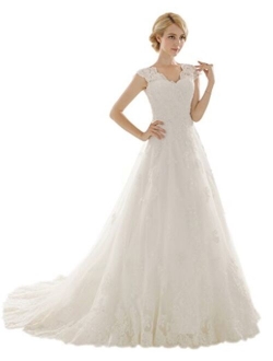 Snowskite Womens A-line V Neck Vintage Lace Wedding Dress