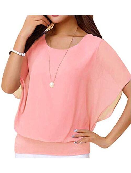 Neineiwu Women's Loose Casual Short Sleeve Chiffon Top T-Shirt Blouse