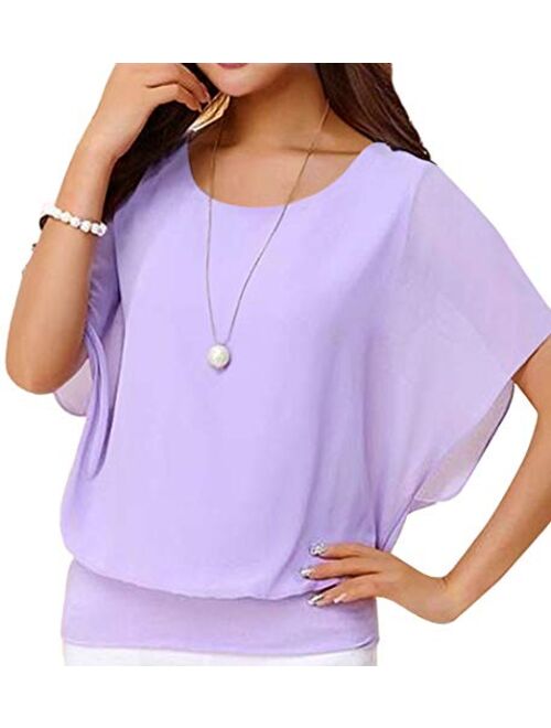 Neineiwu Women's Loose Casual Short Sleeve Chiffon Top T-Shirt Blouse