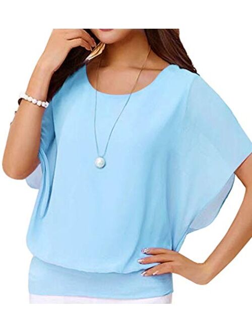 Neineiwu Women's Loose Casual Short Sleeve Chiffon Top T-Shirt Blouse