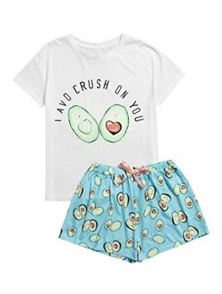 DIDK Women's Cute Cartoon Print Tee and Shorts Pajama Set