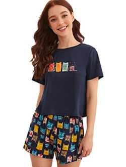 DIDK Women's Cute Cartoon Print Tee and Shorts Pajama Set