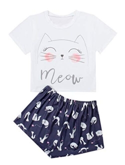 DIDK Women's Cute Cartoon Print Tee and Shorts Pajama Set