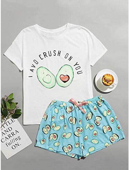 DIDK Women's Cute Cartoon Print Tee and Shorts Pajama Set