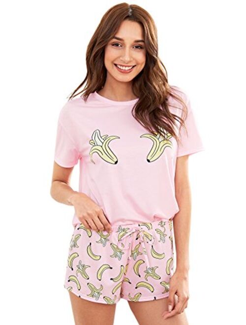 DIDK Women's Cute Cartoon Print Tee and Shorts Pajama Set