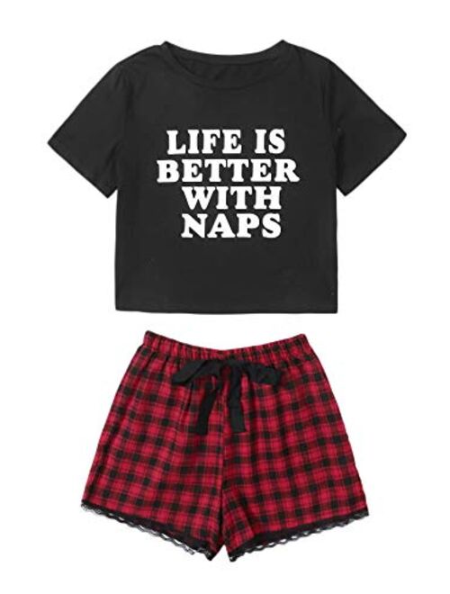 DIDK Women's Cute Cartoon Print Tee and Shorts Pajama Set