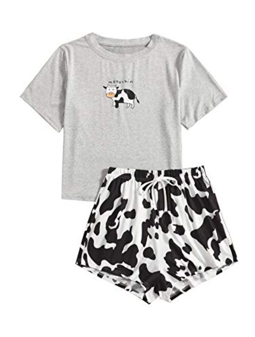 DIDK Women's Cute Cartoon Print Tee and Shorts Pajama Set