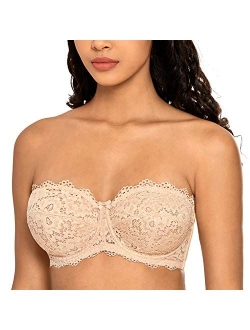 DOBREVA Women's Lace Strapless Balconette Plus Size Underwire Unlined Bras