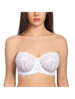 DOBREVA Women's Lace Strapless Balconette Plus Size Underwire Unlined Bras