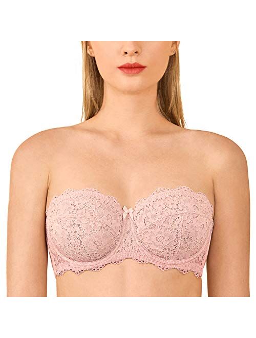 DOBREVA Women's Lace Strapless Balconette Plus Size Underwire Unlined Bras