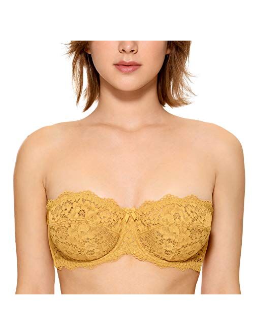 DOBREVA Women's Lace Strapless Balconette Plus Size Underwire Unlined Bras